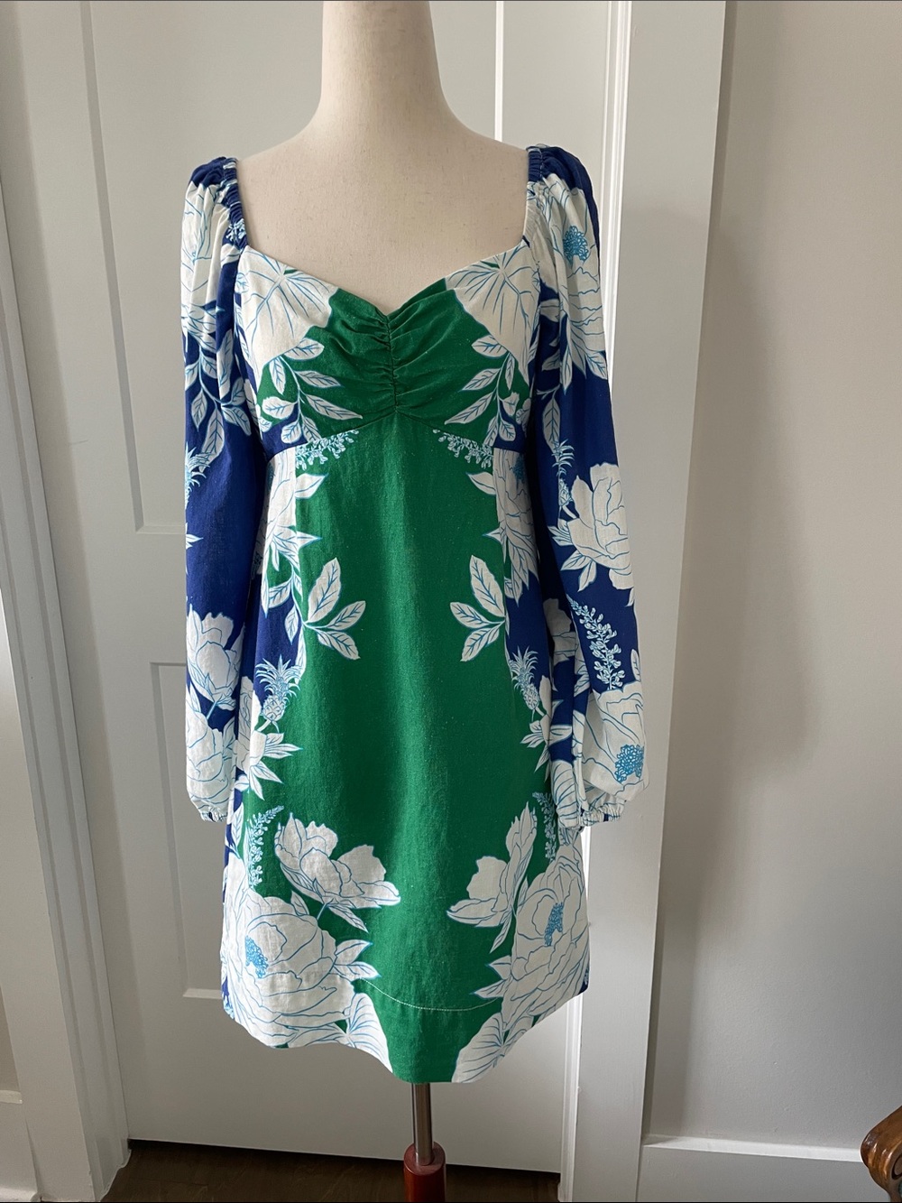 FARM Rio Green & Blue Floral Square-Neck Mini Dress